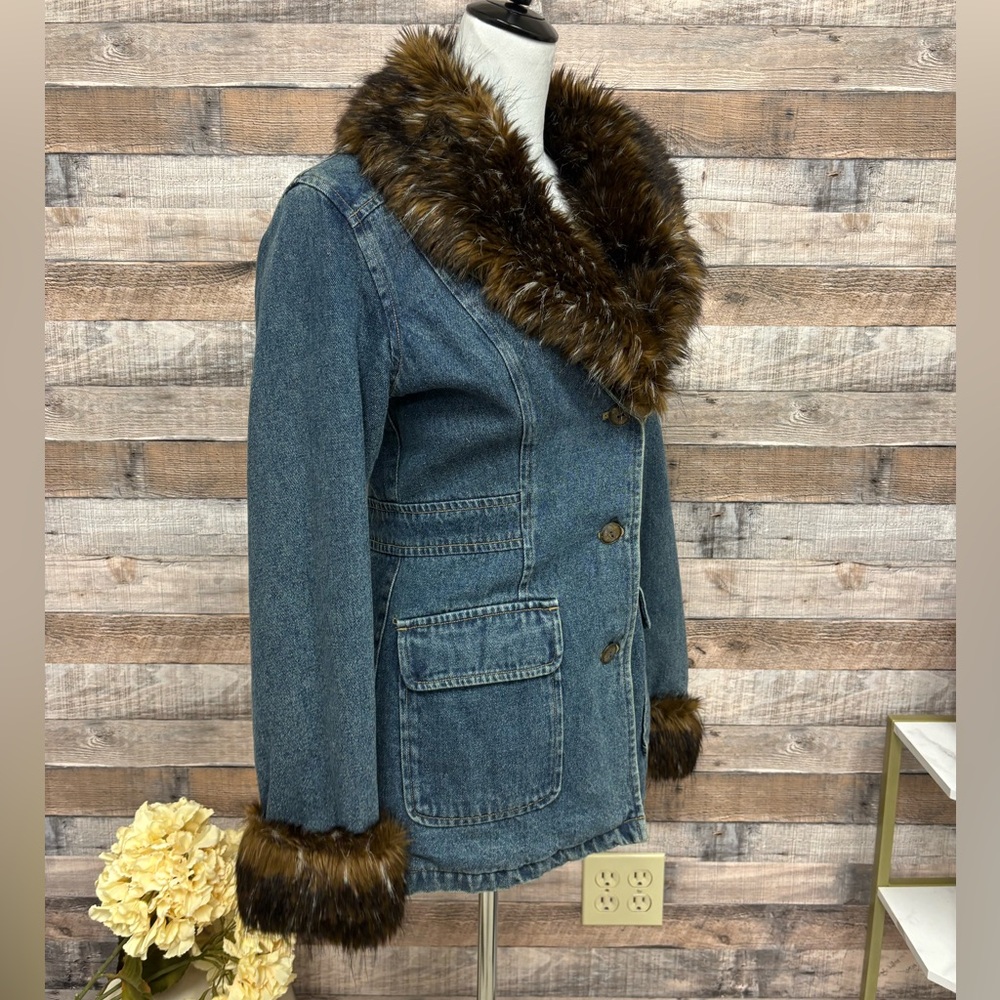 Guava Gallery & Comp Denim Blazer Faux Fur Trim Small - Picture 2 of 6